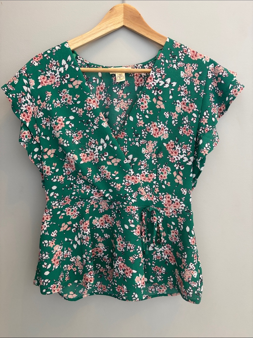 Floral Wrap Peplum Blouse - Green Floral